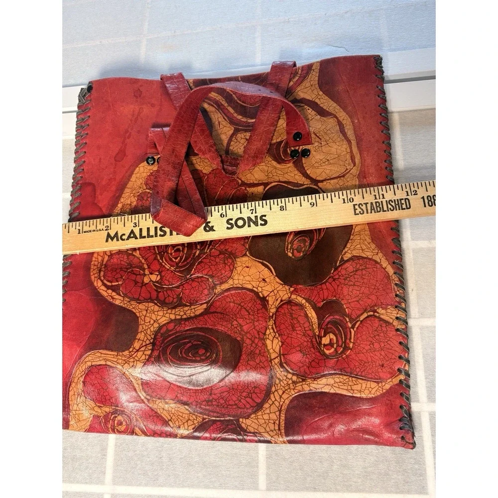 ⁠Vintage 70s Hand Tooled Floral Leather Tote Bag Red Whipstitch Boho Shoulder⁠